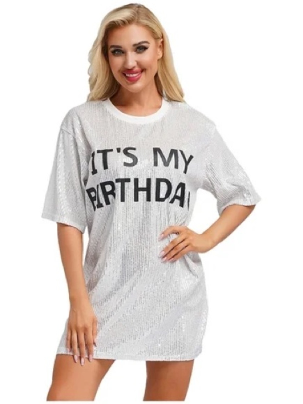 Women's 'It's My Birthday' Sequin Tee Dress - White and Silver